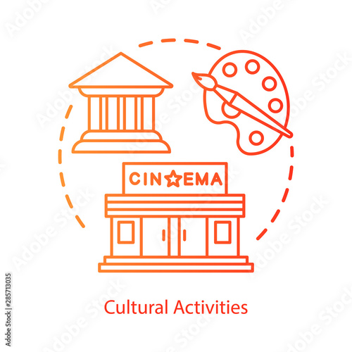 Leisure and entertainment concept icon. Cultural activities, pastime idea thin line illustration. Visiting cinema, city sightseeing tour. Vector isolated outline drawing. Editable stroke