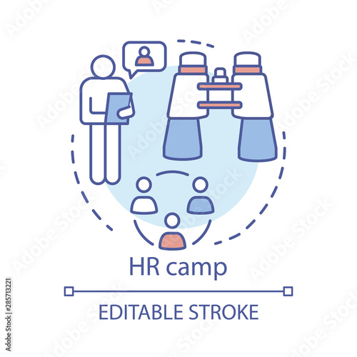 Human resources camp concept icon. Summer corporate club, community idea thin line illustration. Company, business employee bootcamp. Vector isolated outline drawing. Editable stroke