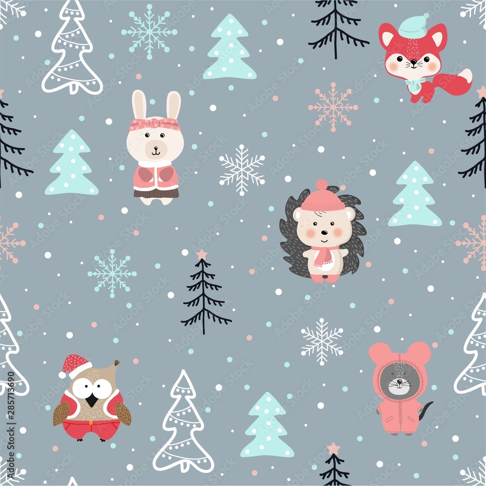 Hand drawn seamless background with Fox, hedgehog, moose,owl and rabbit in the forest.