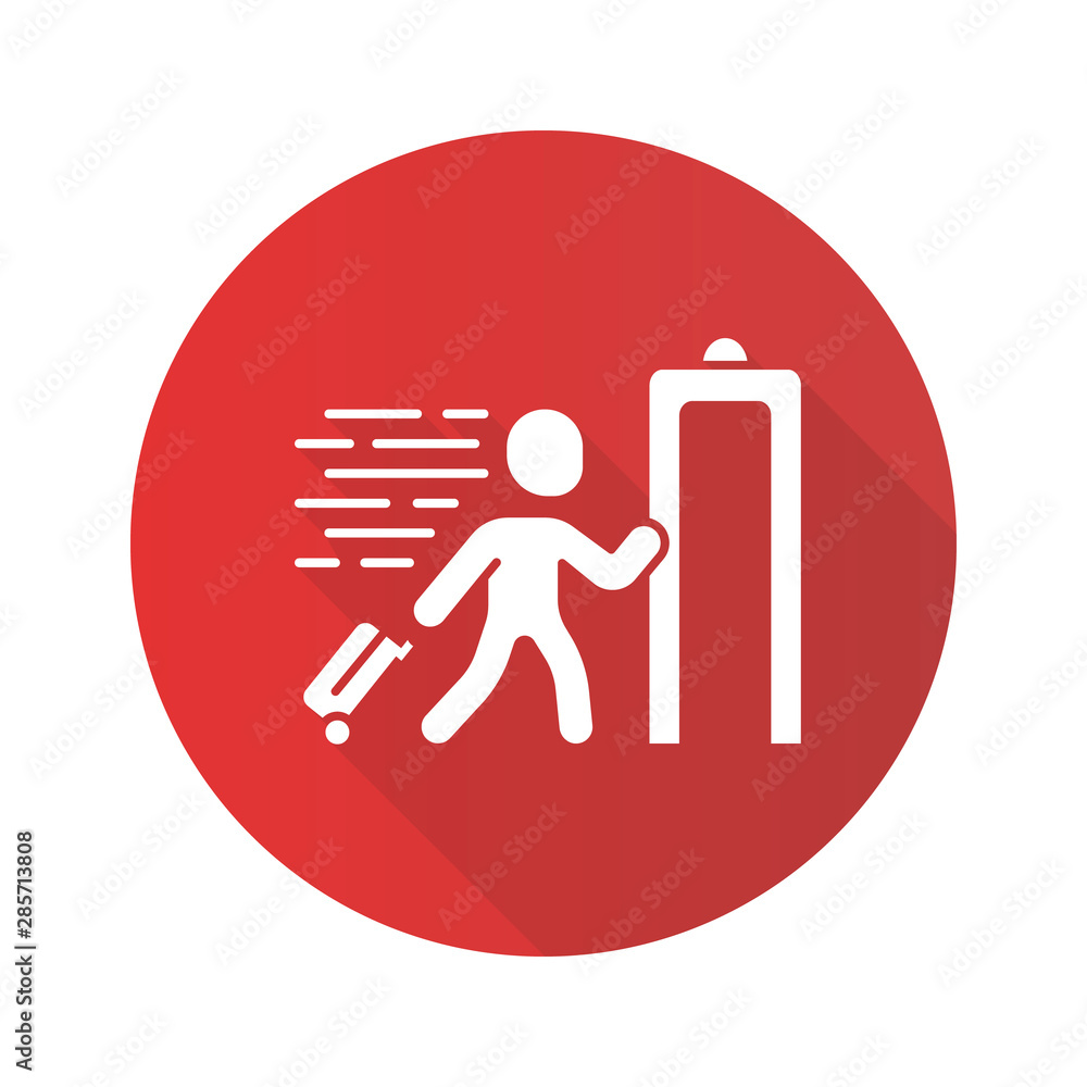 Express entry red flat design long shadow glyph icon. Passenger passing x-ray check at airport. Body scan machine. Customs inspection. Express path facility. Vector silhouette illustration Express entry red flat design long shadow glyph icon. Passenger passing x-ray check at airport. Body scan machine. Customs inspection. Express path facility. Vector silhouette illustration