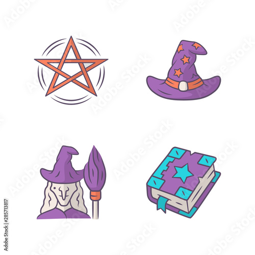 Magic color icons set. Pentagram, wizard hat, witch, spell book. Witchcraft, occult ritual items. Mystery objects. Isolated vector illustrations