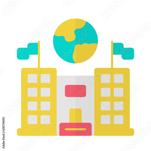 Immigration center flat design long shadow yellow color icon. Embassy and consulate building. Administrative governmental structure. Earth globe over public building. Vector silhouette illustration