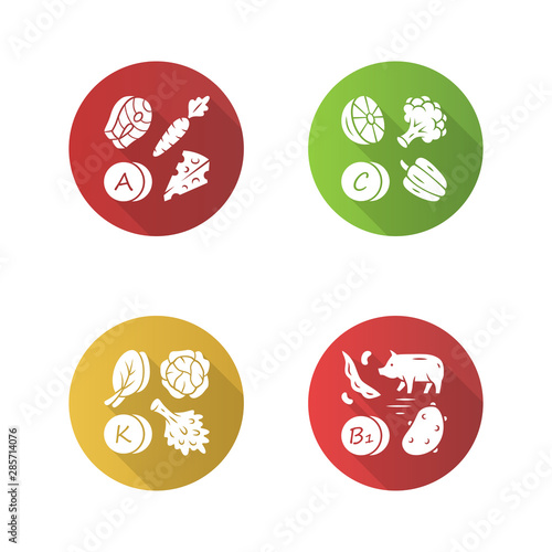 Vitamins flat design long shadow glyph icons set. A, C, B1, K vitamins natural food source. Vegetables, edible greens, dairy products. Minerals, antioxidants. Vector silhouette illustration