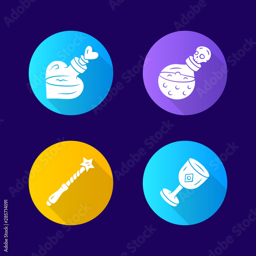 Magic flat design long shadow glyph icons set. Magical death and love potions, witch wand, ceremonial chalice. Witchcraft, occult ritual items. Mystery objects. Vector silhouette illustration
