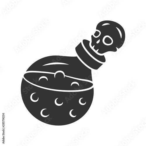 Death potion glyph icon. Silhouette symbol. Alchemy and apothecary liquid bottle with skull. Magical elixir, wizard poison in glass flask. Occultism & witchcraft spell. Vector isolated illustration