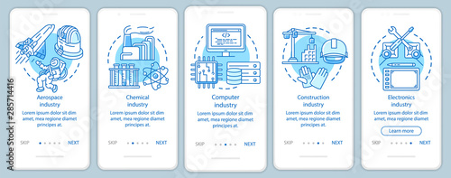 Secondary sector of economy onboarding mobile app page screen with linear concepts. Advanced industry. Five walkthrough steps graphic instructions. UX, UI, GUI vector template with illustrations