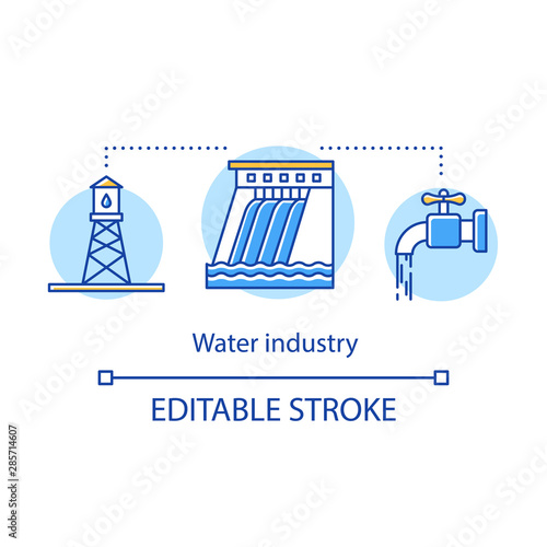 Water industry concept icon. Water tower, dam, tap. Accumulation, treatment, delivery of water, wastewater idea thin line illustration. Vector isolated outline drawing. Editable stroke