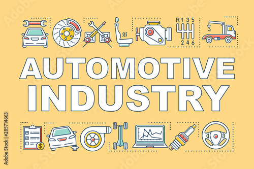 Automotive industry word concepts banner. Production, maintenance and repair of motor vehicles. Presentation, website. Isolated lettering typography idea with linear icons. Vector outline illustration
