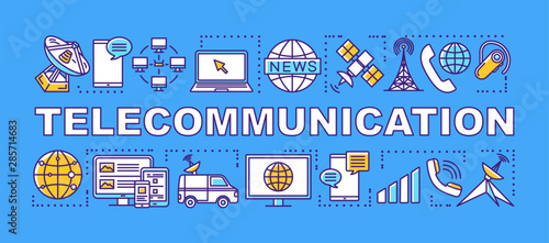 Telecommunication word concepts banner. Global communication service. Telecom system. Presentation, website. Isolated lettering typography idea with linear icons. Vector outline illustration