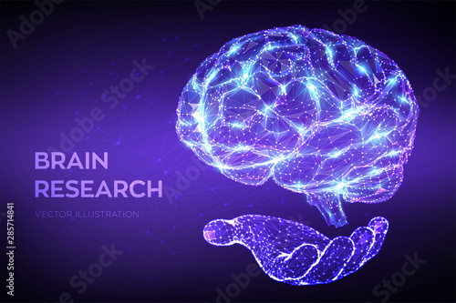 Brain. Low poly abstract digital human brain in hand. Neural network. IQ testing, artificial intelligence virtual emulation science technology concept. Brainstorm. 3D polygonal vector illustration.