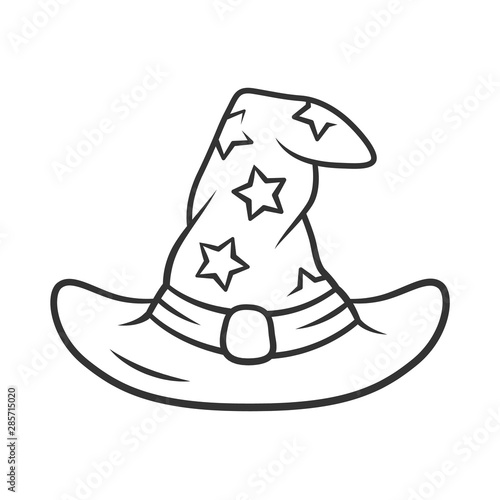Wizard hat linear icon. Thin line illustration. Witch magic cap. Magician, sorceress cap. Halloween costume. Witchcraft, sorcery item. Contour symbol. Vector isolated outline drawing. Editable stroke