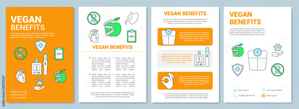 Naklejka premium Vegetarian benefits brochure template layout. Vegan lifestyle advantages flyer, booklet print design with linear illustrations. Vector page layouts for magazines, annual reports, advertising posters