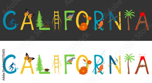 Vector hand drawn lettering composition of California and Californian symbols. T-shirt design. Palm, surfer, golden gate bridge, quail, golden poppy, bear, butterfly, redwood, garibaldi fish, gold.