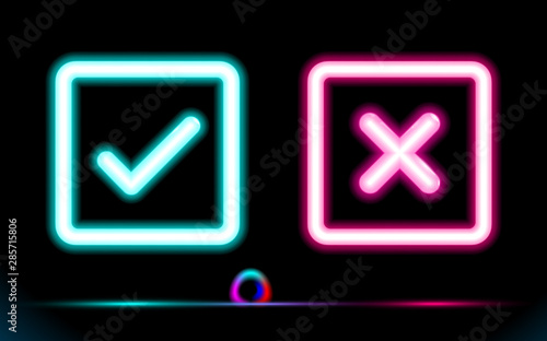Neon set blue lamp checkmark with pink crosshair icons in a square. Tick, cross symbols. Modern ui. Fluorescent design for dark, black banner, background. Vector luminescent illumination illustration