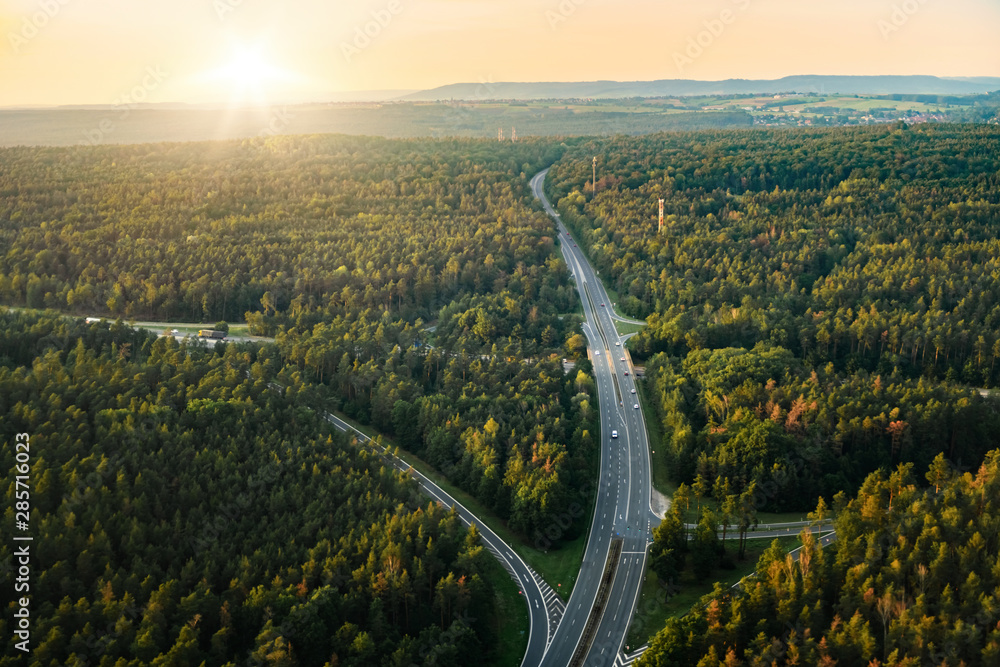 Bird view of highway in forest