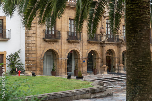Ancient spanish hotel with balconies, palm tree and lawn
