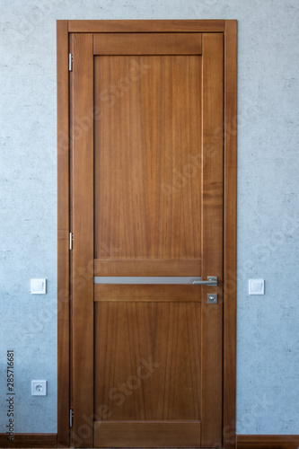 Fototapeta Naklejka Na Ścianę i Meble -  Beautiful walnut door with narrow frosted glass and aluminum handle