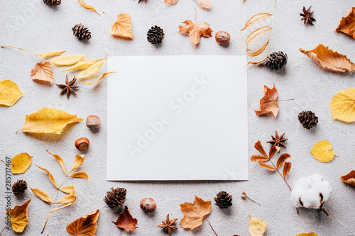 Autumn, thanksgiving day, DIY, holidays preparation and creativity layout. Festive decorations, dried leaves and white mockup greeting card, flat lay with empty space for text design