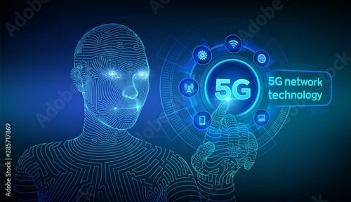 5G network wireless systems and internet of things, Smart city and communication network. 5G wireless mobile internet wifi connection. Wireframed cyborg hand touching digital interface. Vector. EPS 10