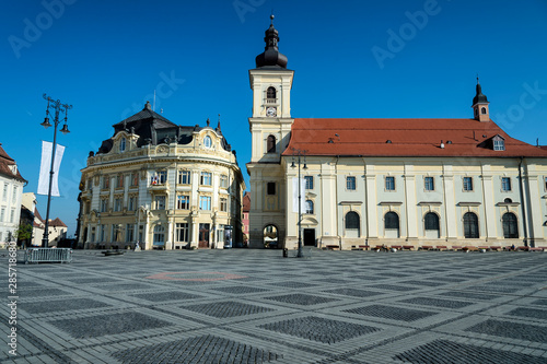 View of Piata Mare (big square) of the city of Sibiu, in Romania.
