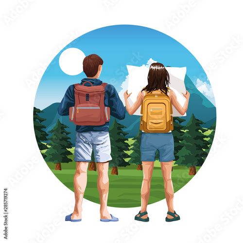 Backpack travelers young tourists cartoon