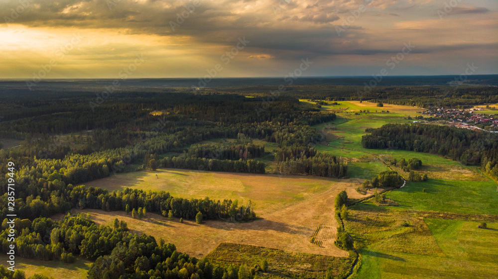 Fototapeta premium Aerial landscape - river valley at sunrise
