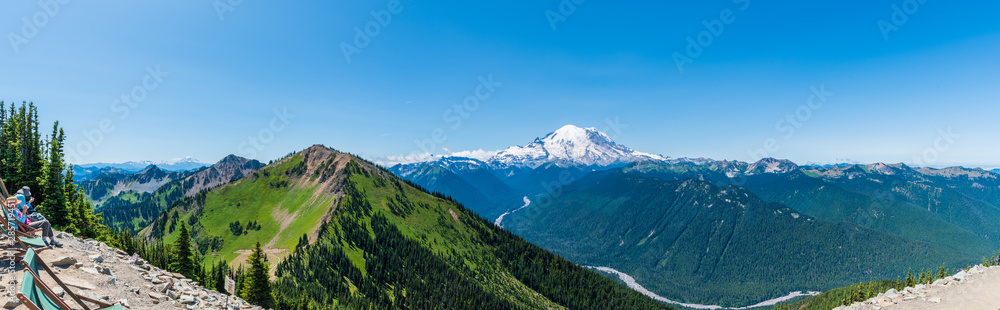Panorama of Northeast Face of Mount Rainier Showing Little Tahoma Peak and the White River with Mount Adams Visible in the Far Left-Taken from Crystal Mountain Summit-2581