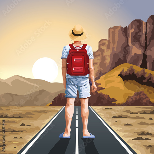 Backpack traveler in nature cartoon drawing art