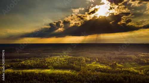 Aerial landscape - river valley at sunrise