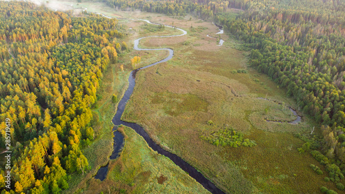 Aerial landscape - river valley at sunrise