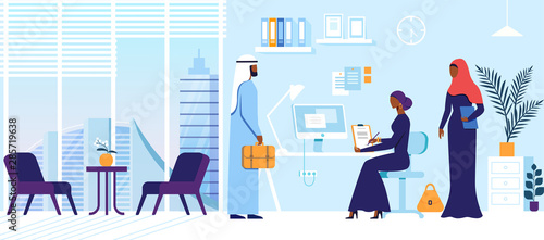 Arabic Male and Female Charcatres Meet in Office.