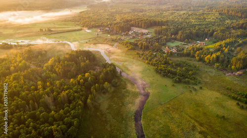 Aerial landscape - river valley at sunrise