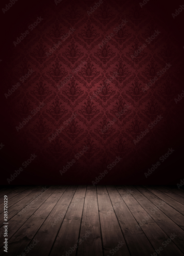 dark interior room with baroque wallpaper. dark interior room with baroque wallpaper.
