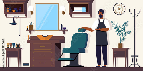 Barber Waiting Client in Barbershop, Salon for Men