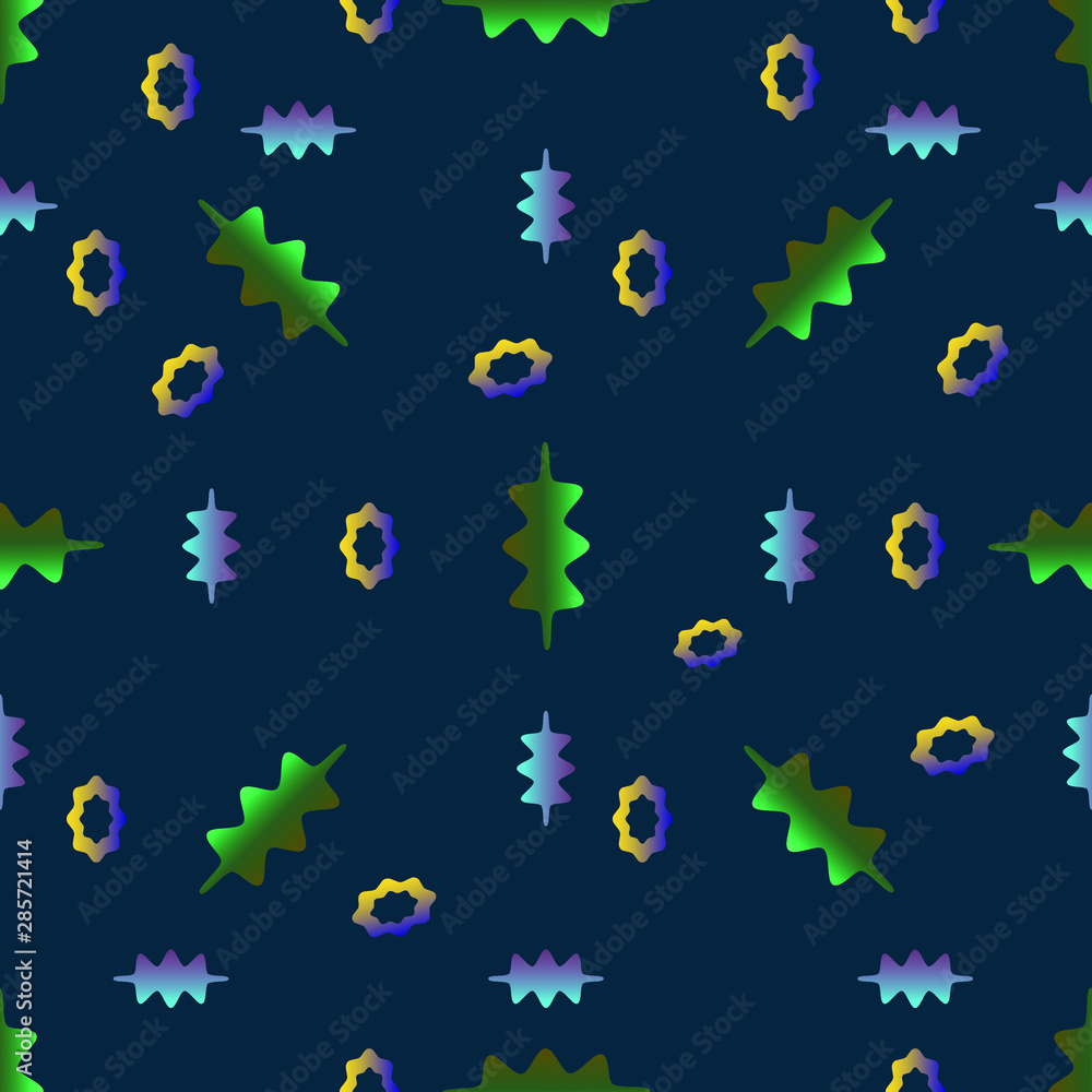 Colorful invented shapes, curved circles on a dark blue background. Vector seamless abstraction for packaging, fabric, printing