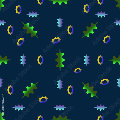 Colorful invented shapes, curved circles on a dark blue background. Vector seamless abstraction for packaging, fabric, printing