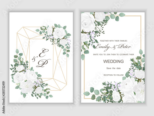Wedding invitation with flowers Peony and leaves  watercolor  isolated on white. Vector Watercolour.