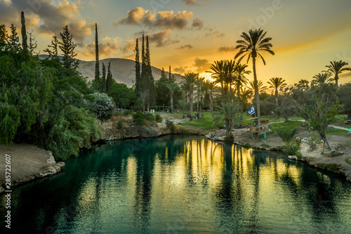 Aerial view of the sunset over Sachne or Gan Hashlosha oasis, with popular waterfall in Northern Israel photo