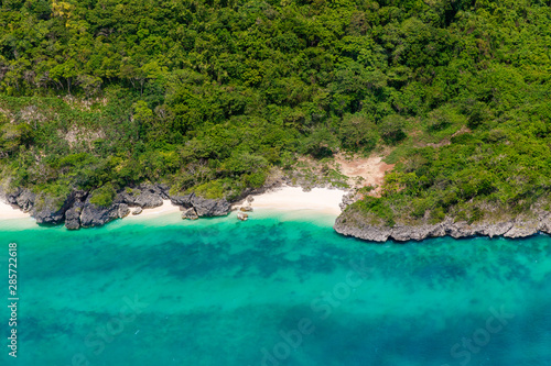 Aerial view from the drone on the landscape tropical sand beach with palm trees. Summer vacation consept.