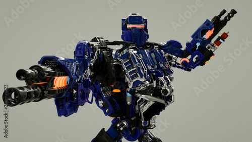 Heavy armed. Sci-fi mech soldier on a Gradient background. Military futuristic robot warrior with Blue and Black color metal. Scratched metal armor robot. 3Drendering.