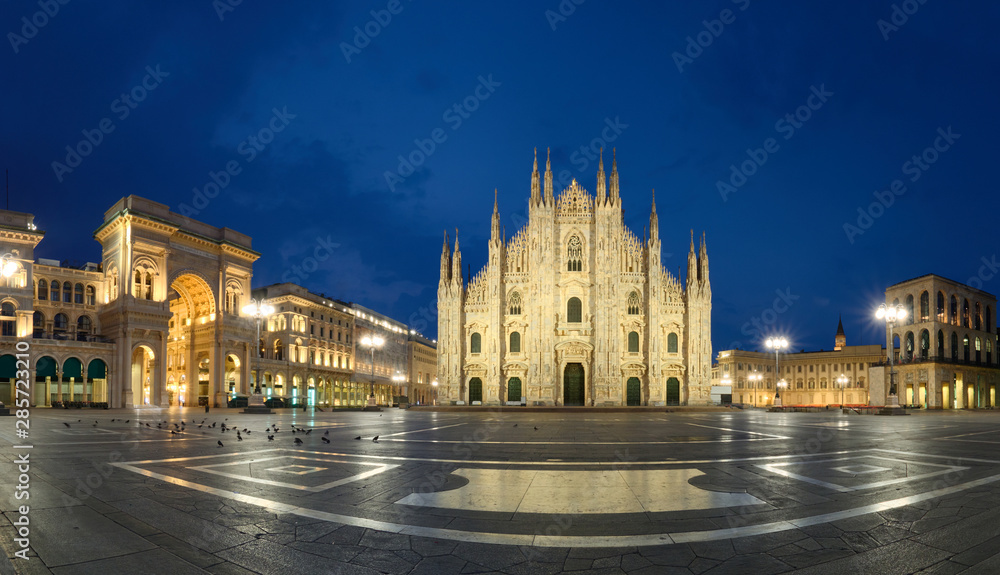 Milano Duomo Cathedral at night, panoramic image taken in Milan