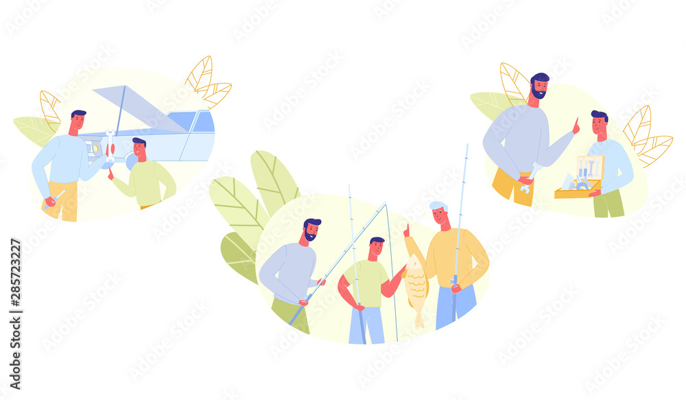 Set Father Teaches Son Masculine Skills Cartoon. Set Father Teaches Son Masculine Skills Cartoon.