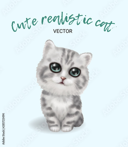Vector Illustrated Portrait of cute realistic cat. Cute face of white domestic cat with big blue eyes. 