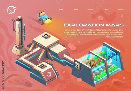 Flyer Exploration Mars Lettering Flat Cartoon.