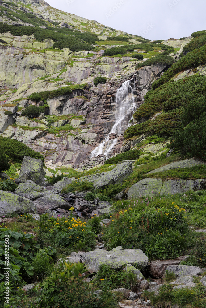 Mountain waterfall in High Tatras (Skok). Tall rocks covered with scrub.