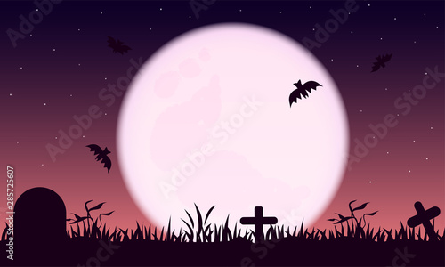Night halloween colorful background. Full moon and star on tomb in night halloween.