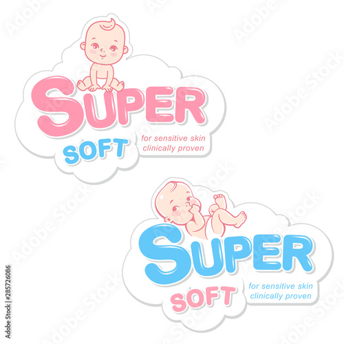 Diaper, wet wipes, soap logo template. Baby in diaper emblem