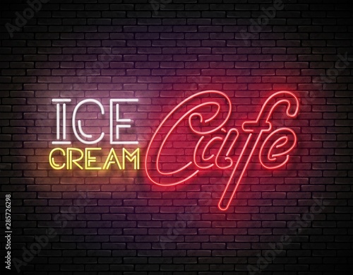 Vintage Glow Signboard with Ice Cream Café Inscription. Neon Retro Lettering. Template for Flyer, Poster, Banner, Playbill, Invitation. Brick Wall. Vector 3d Illustration. Clipping Mask, Editable