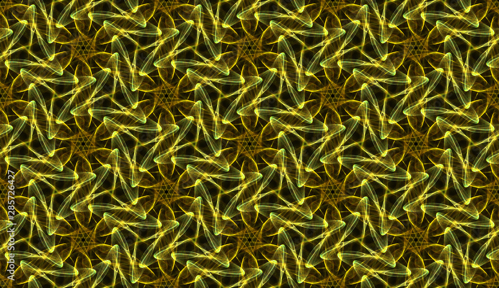 Unreal seamless pattern on black background. Abstract ornament of repeating gold and yellow glowing elements. Unreal seamless pattern on black background. Abstract ornament of repeating gold and yellow glowing elements.