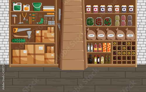 Vector Illustration of Basement in Flat Style. Classic Concept of Cellar with Canned Food, Wine and Vegetables. Workshop or Storehouse with Mechanic Equipment Set. Modern Design of Storage Interior